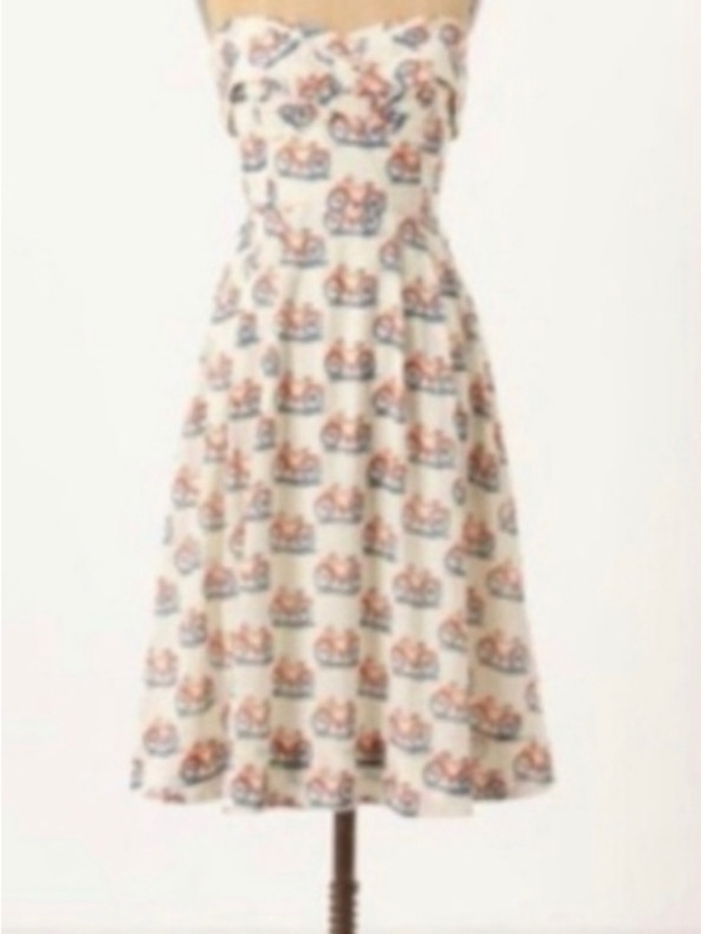 Anthropologie Strapless Cream Dress with Blue and Orange Print